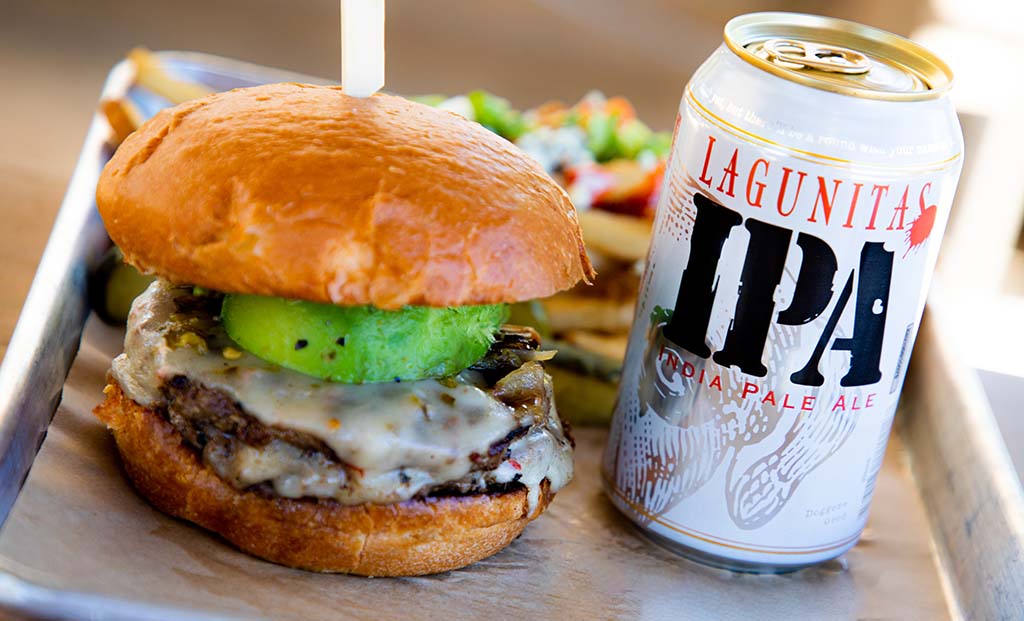 Burger with Lagunitas IPA can
